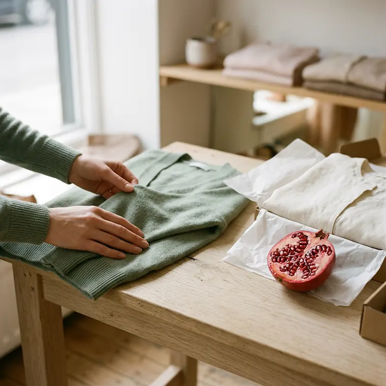 Hands folding a sage green cardigan on the shop counter beside a halved pomegranate