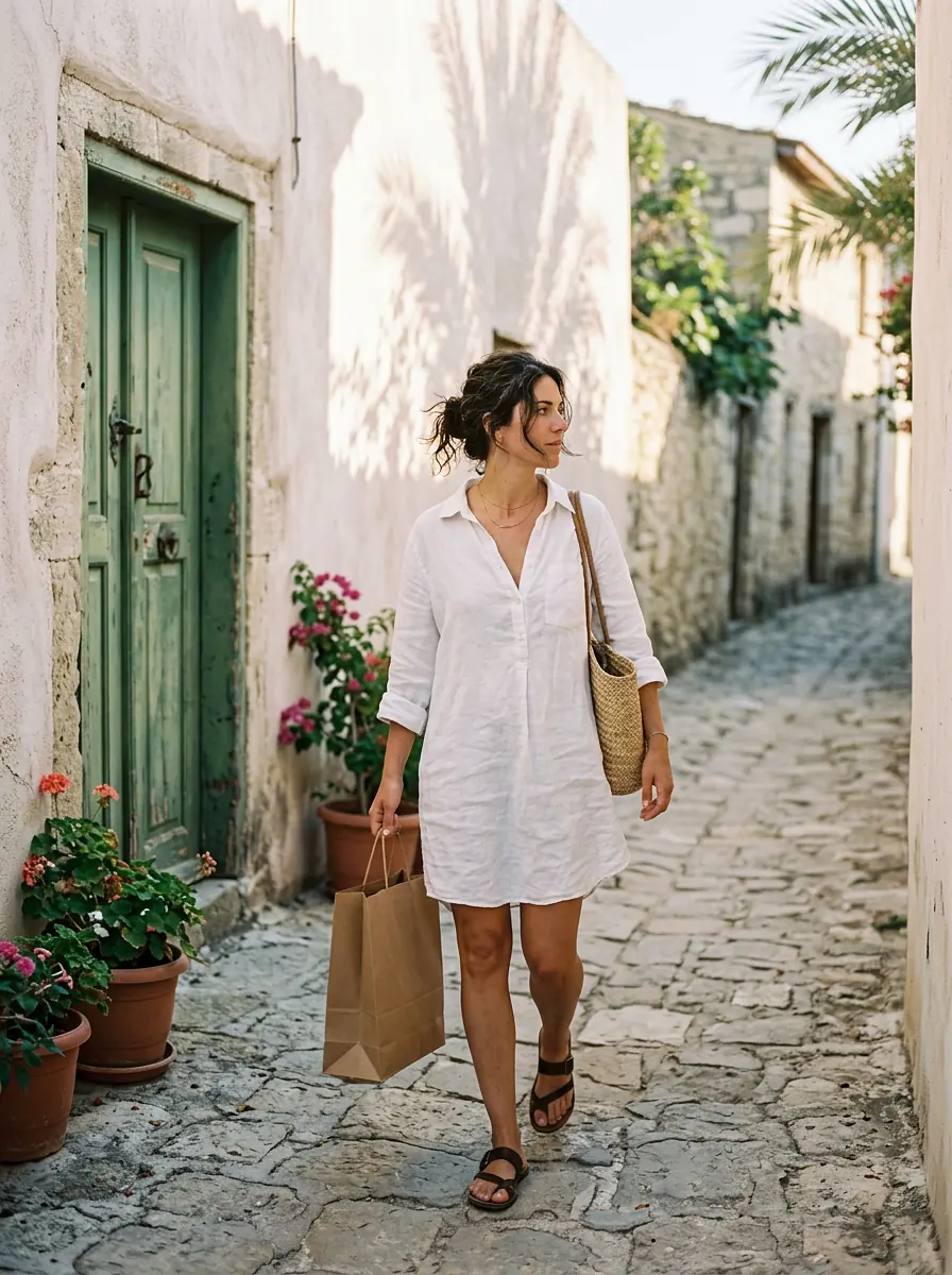 A woman in a white linen shirt dress walking down a sunlit lane with a paper shopping bag